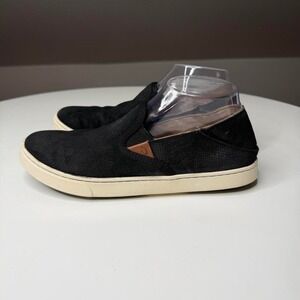 OluKai Pehuea Black Leather Slip-On Sneakers Comfort